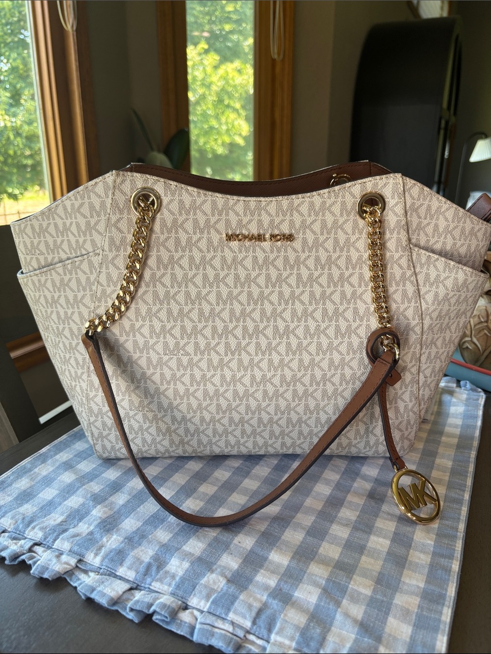 Michael Kors Cream MK Logo Tote with Brown Trim and Gold Hardware